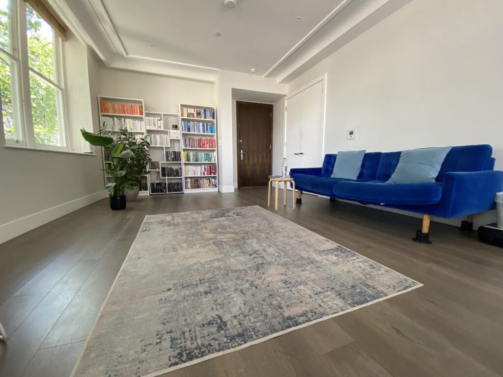 The Thinking Psychotherapy consulting room with blue sofa and bookshelves